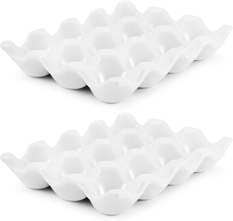 Flexzion 12 Cups Ceramic Egg Holder for Fridge - Dozen Ceramic Egg Tray Porcelain Container Storage Organizer Decorative Serving Stand Serveware for Refrigerator Countertop Display (White, 2 Pack) - Image 1